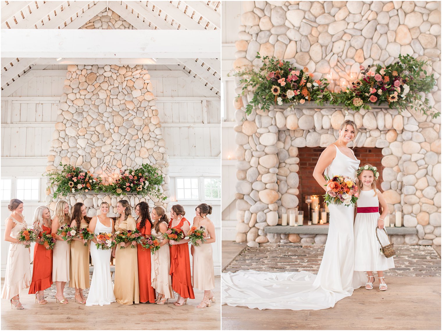 bride poses with bridesmaids in mismatched fall gowns at Bonnet Island Estate