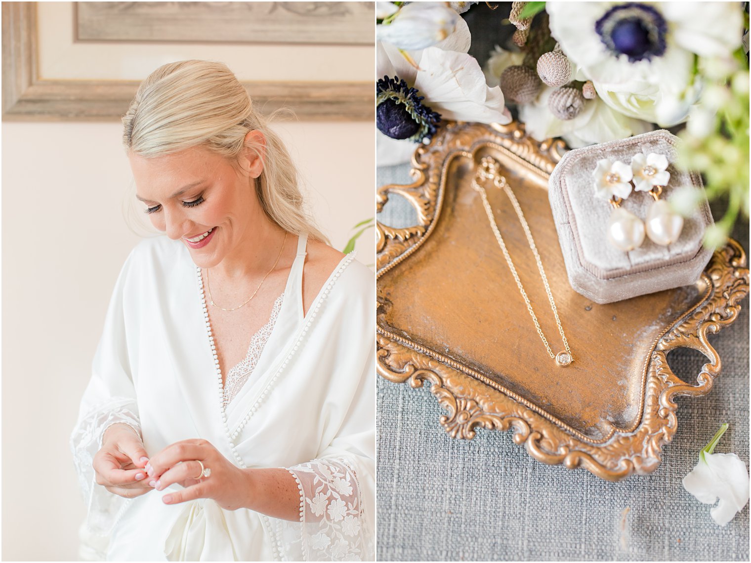 bride prepares for New Jersey wedding day with classic jewelry 