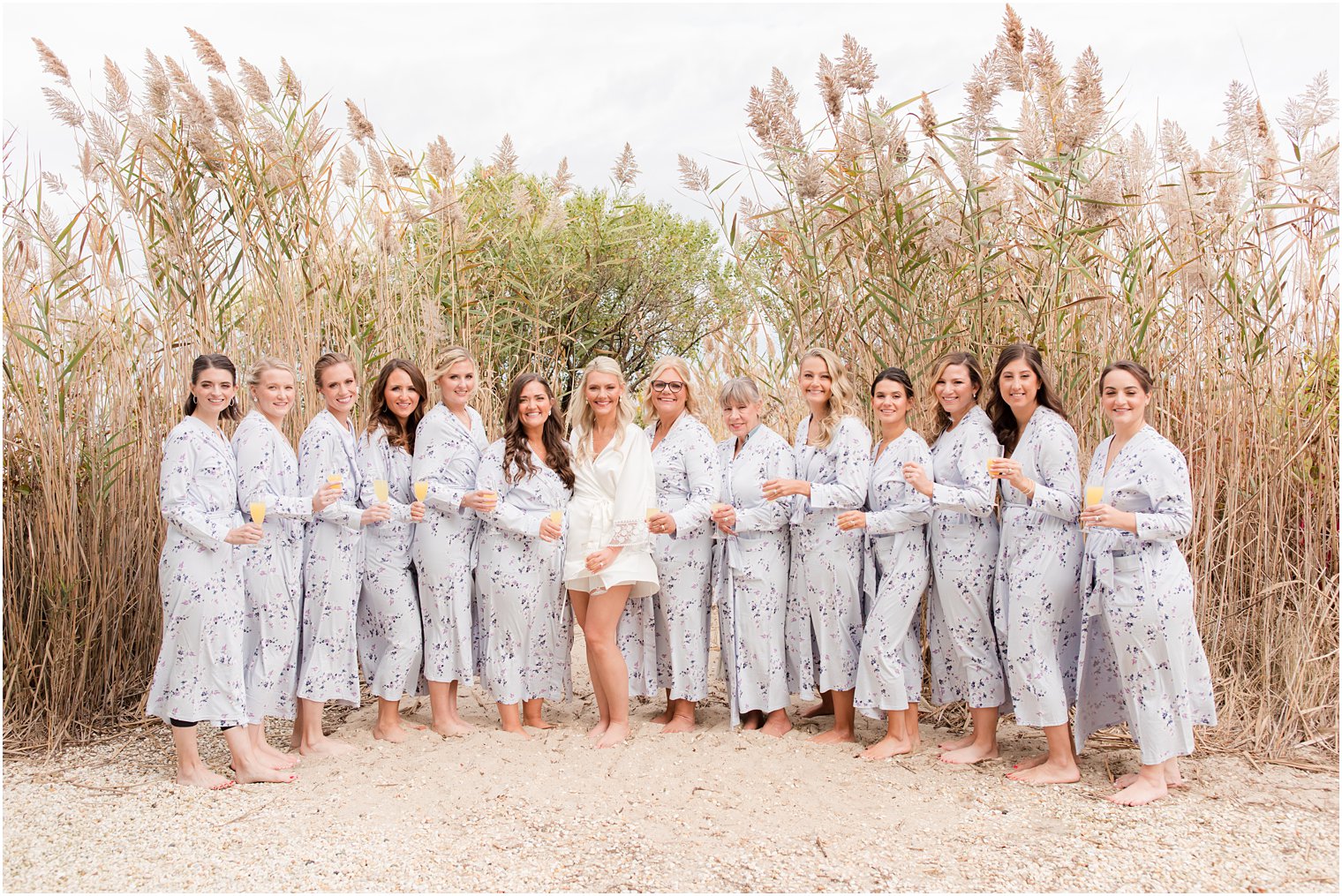 bride and bridesmaids stand by tall grass on Brant Beach 