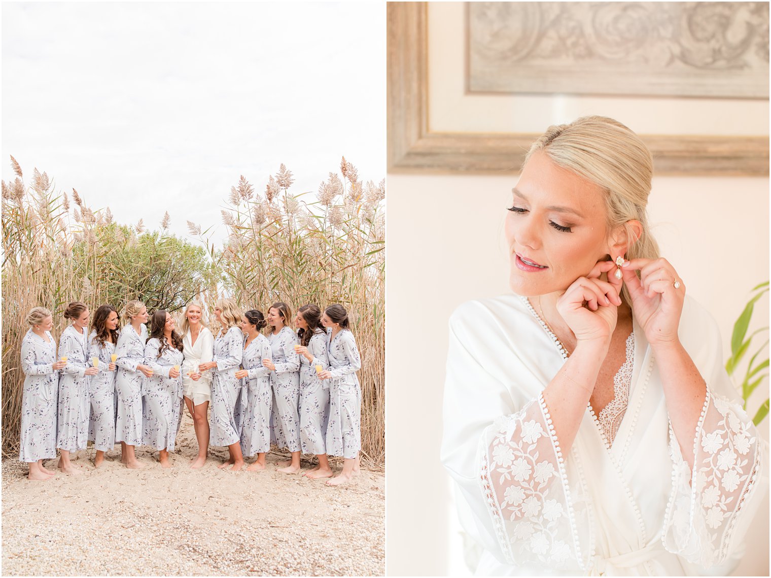 bridesmaids pose with bride in matching robes for fall wedding