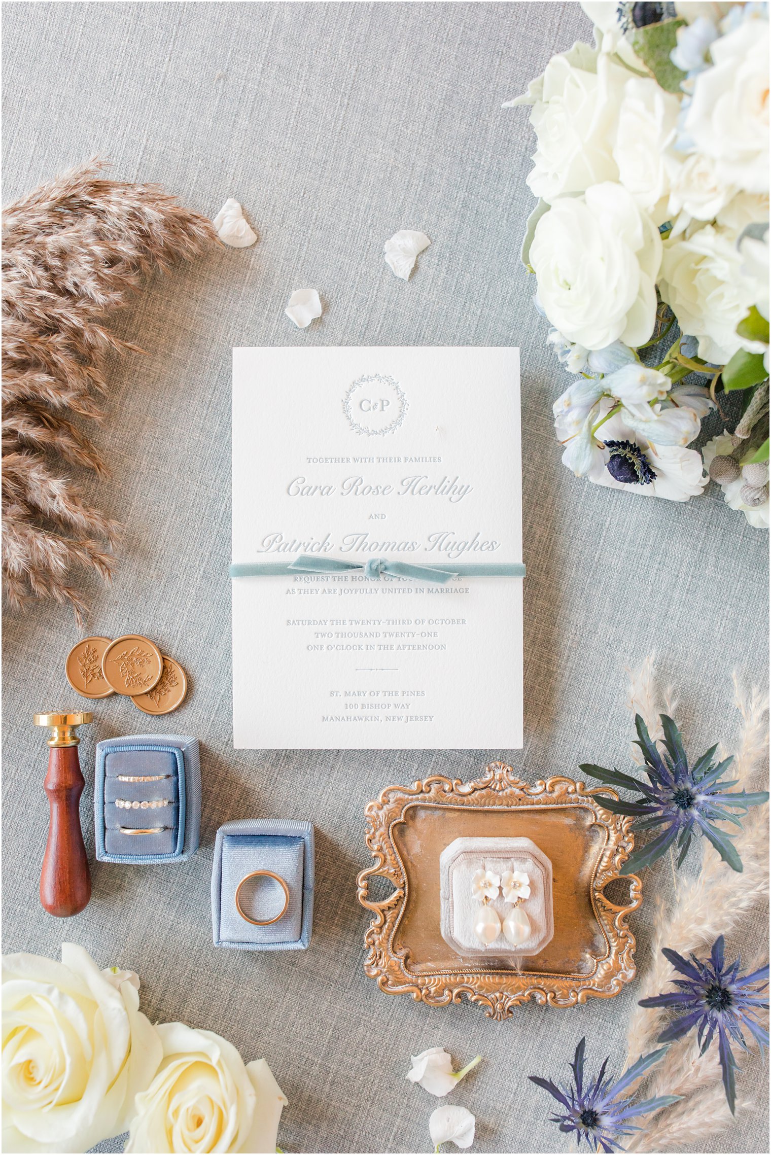 classic invitation suite with blue ribbon for fall wedding day