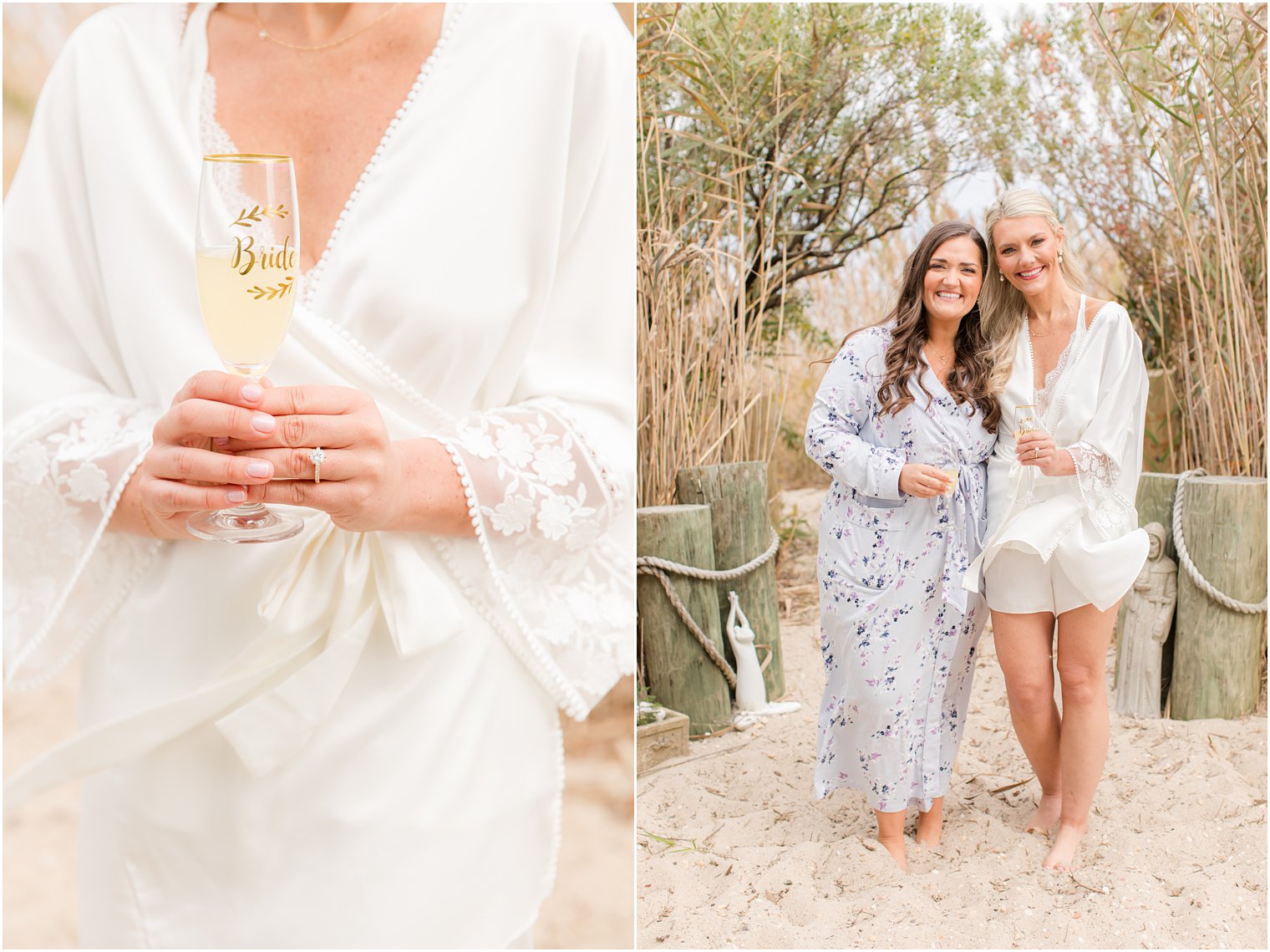 bride holds champagne glass showing off wedding ring 