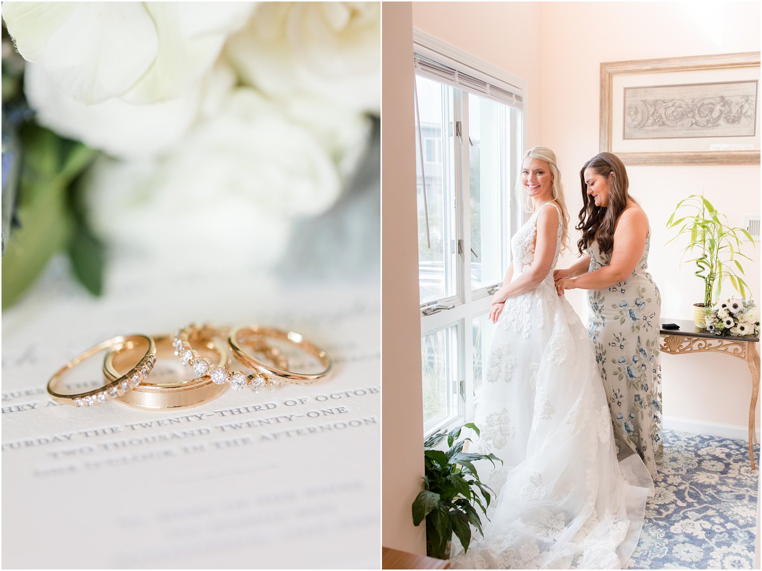 bridesmaid helps bride prepare for NJ wedding day on the beach 