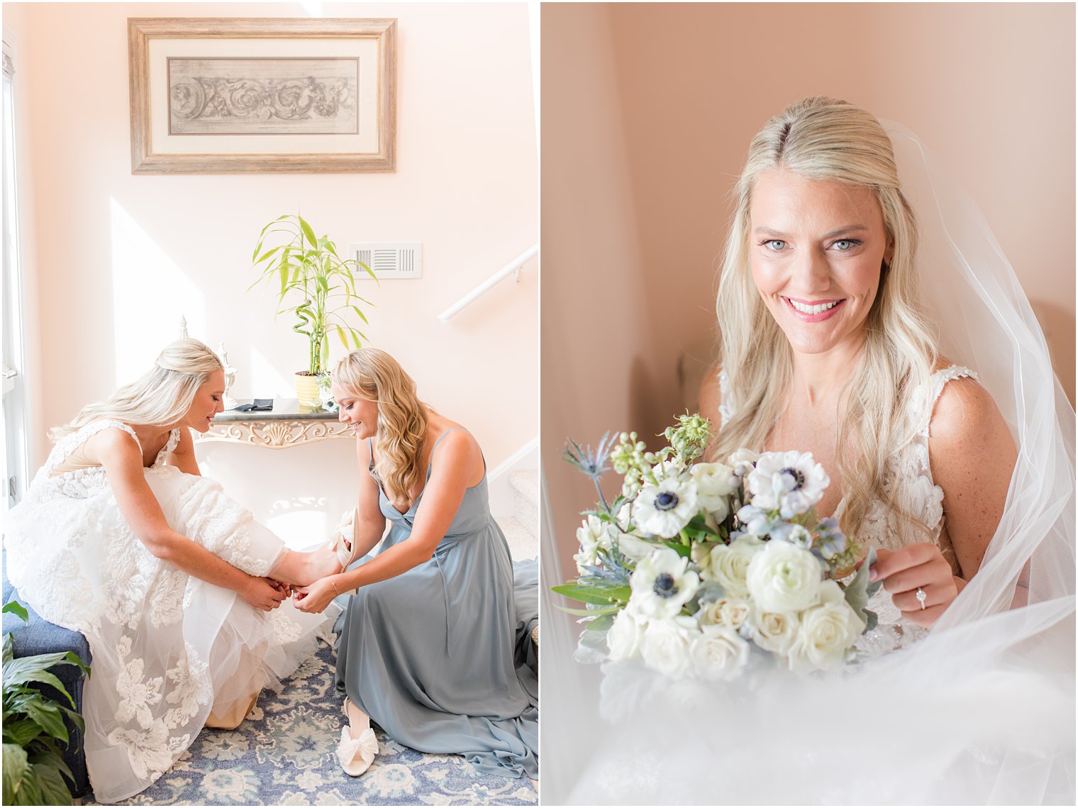 bridesmaid helps bride with shoes on morning of wedding at Brant Beach Yacht Club