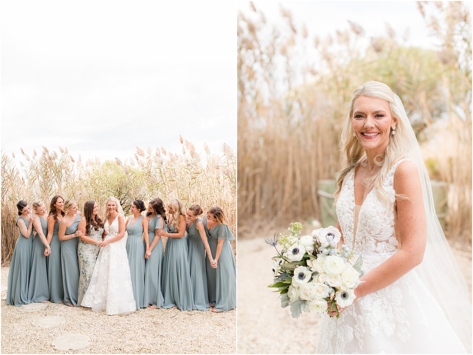 bride poses on beach with bridesmaids in New Jersey 