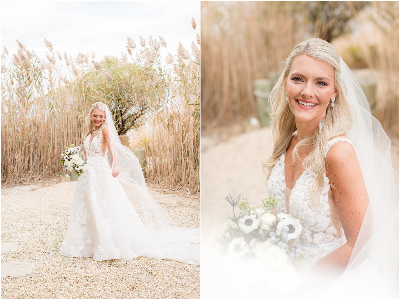 bride holds bouquet of white flowers on Brant Beach 