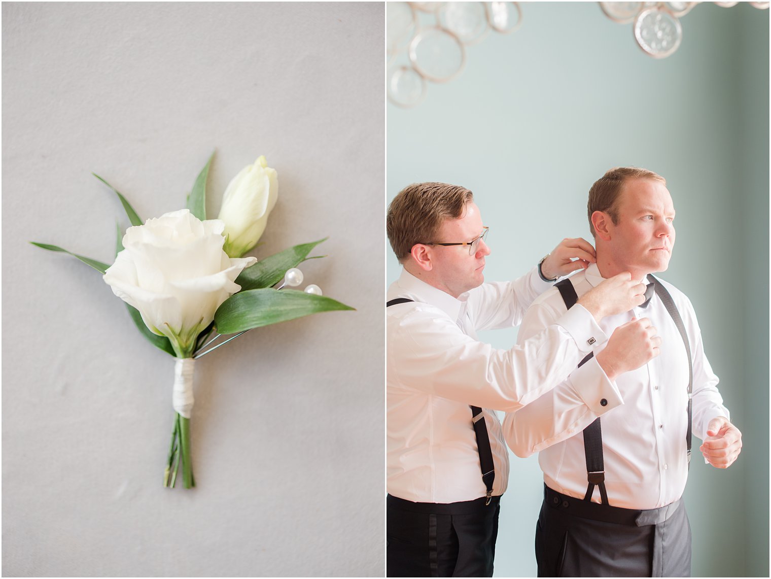 groomsman adjusts tie for groom for wedding day 