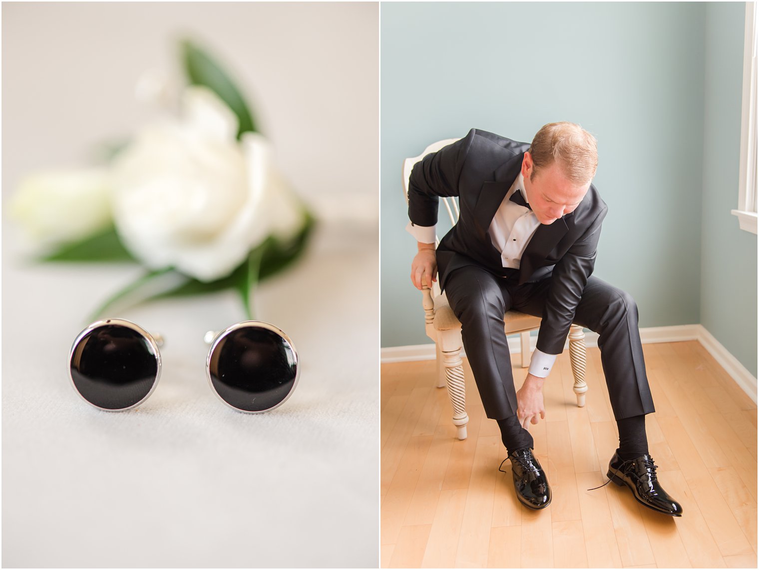 groom prepares for classic beach wedding day at Brant Beach Yacht Club