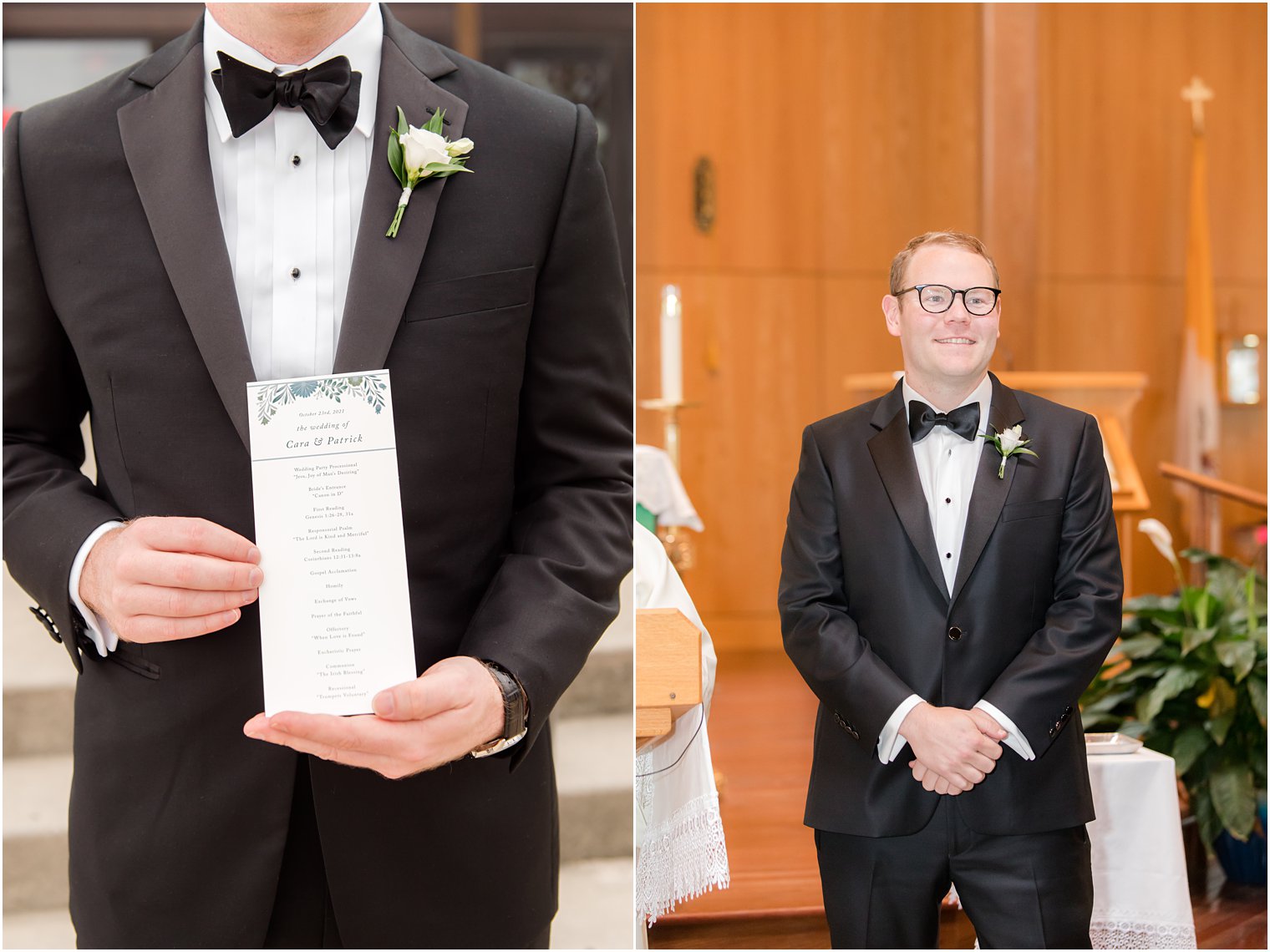 groom holds custom ceremony card for church wedding 