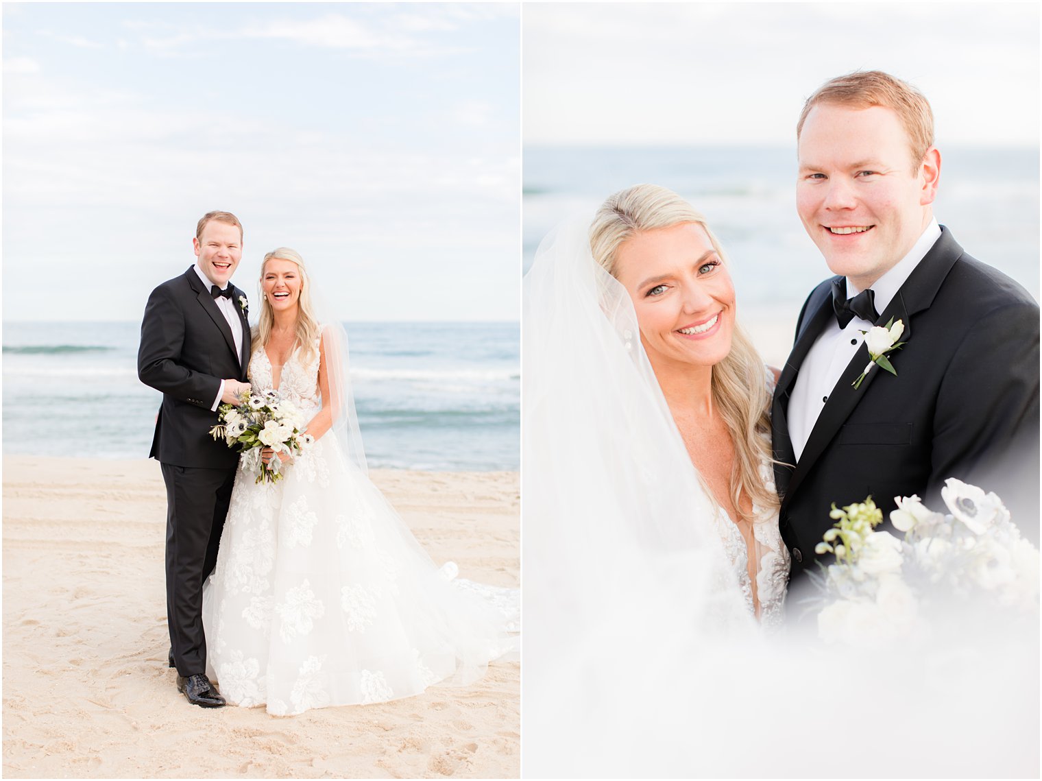 couple hugs together on beach in New Jersey for wedding portraits 