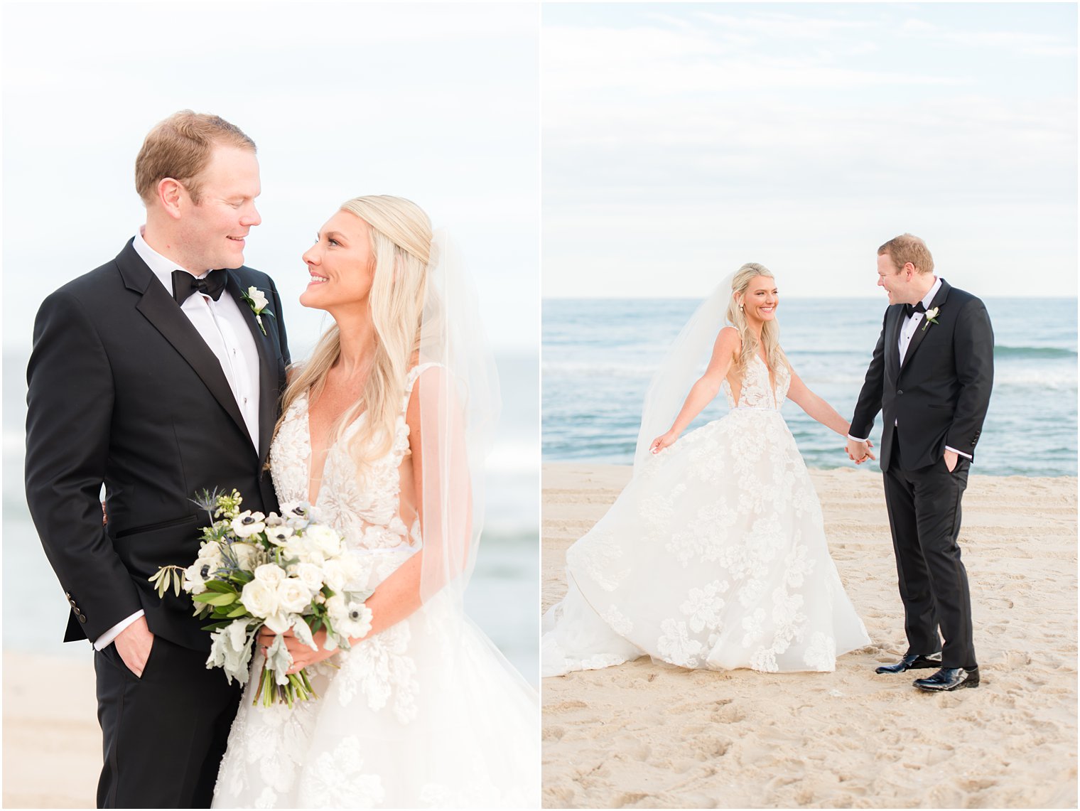 newlyweds smile at each other on beach during fall wedding portraits 