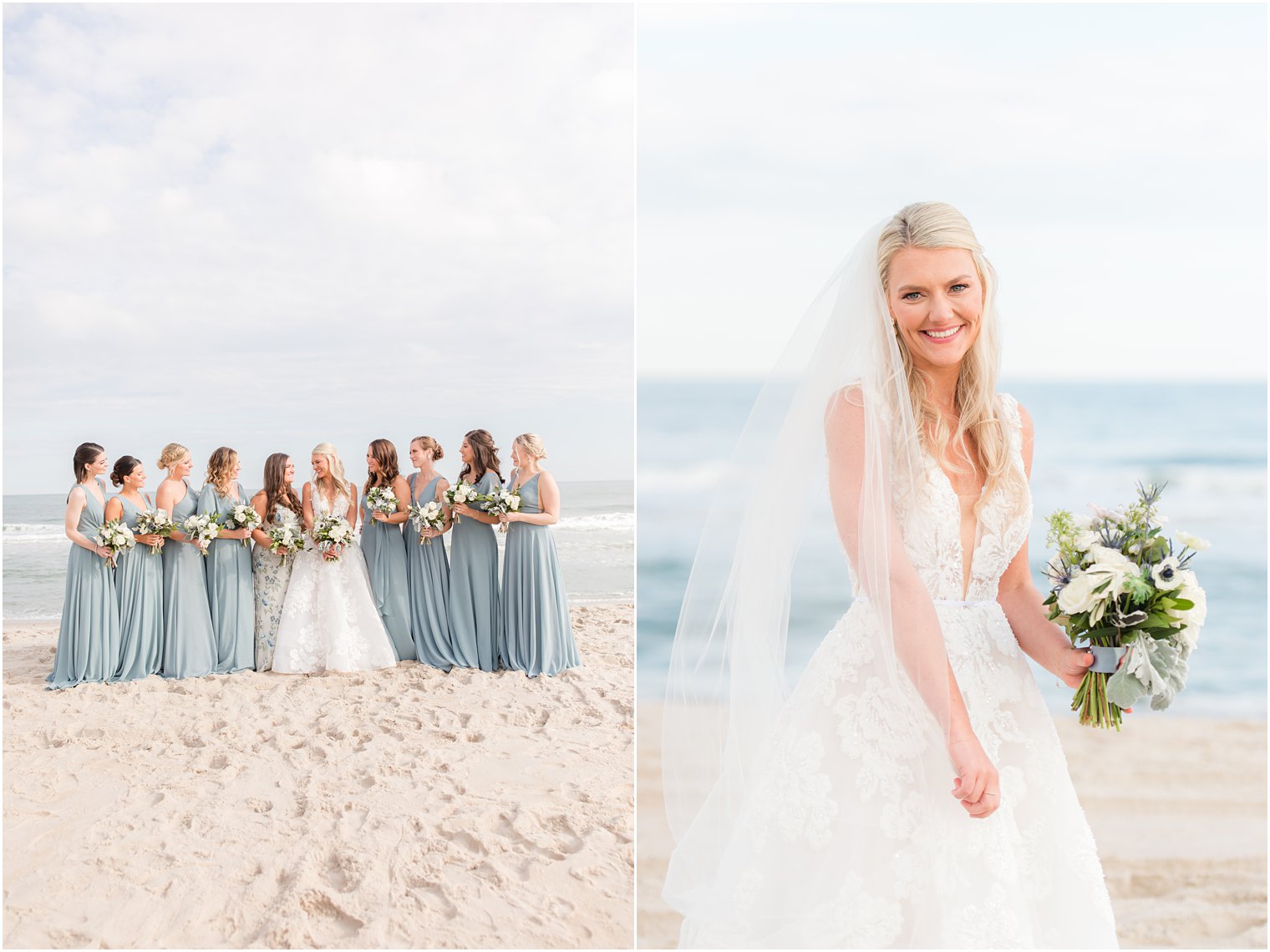 bride smiles holding veil around her should on the beach 