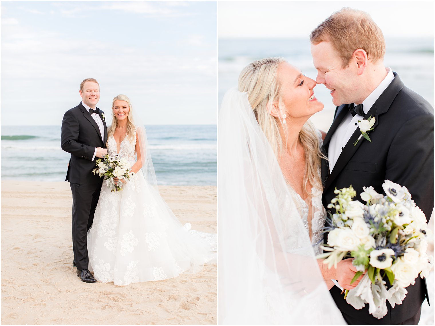 bride and groom smile together on beach in New Jersey 