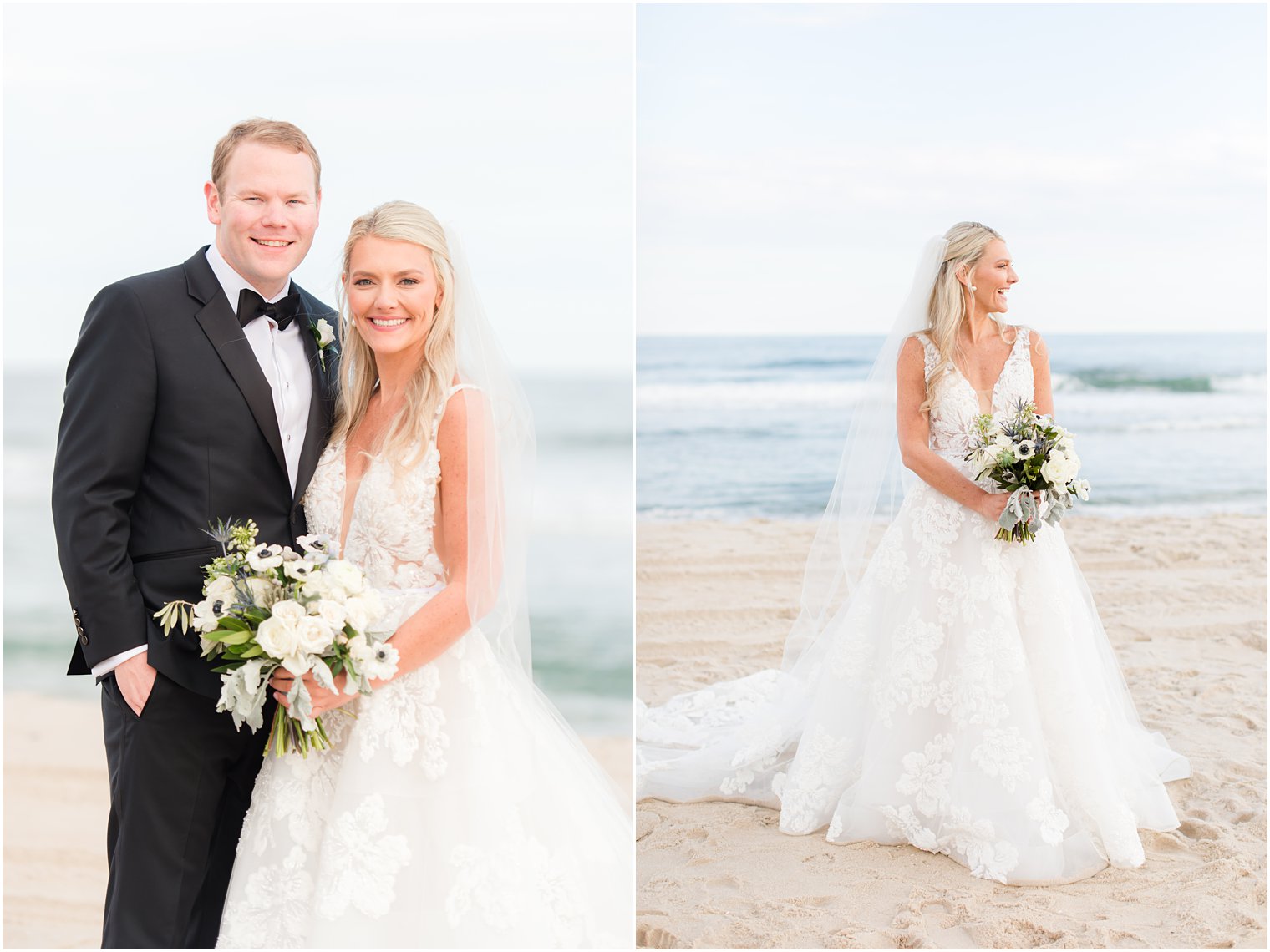 bride and groom stand together on Brant Beach 