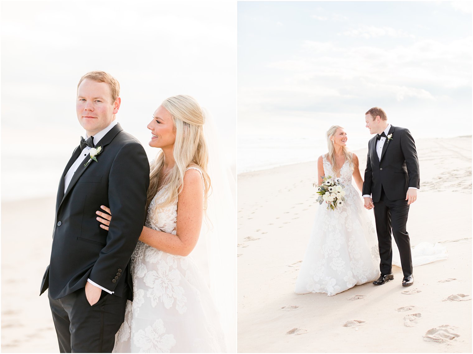 Brant Beach Yacht Club wedding day portraits of bride and groom on the sand 