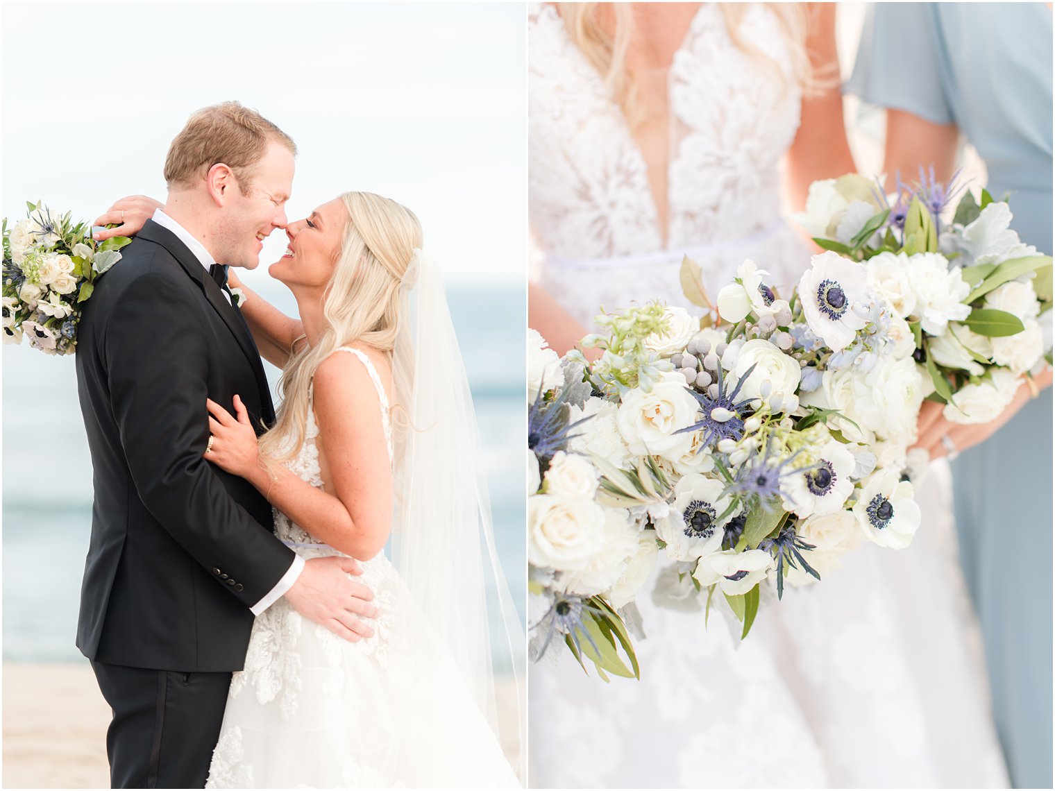 bride and groom stand touching noses during wedding portraits on Brant Beach 
