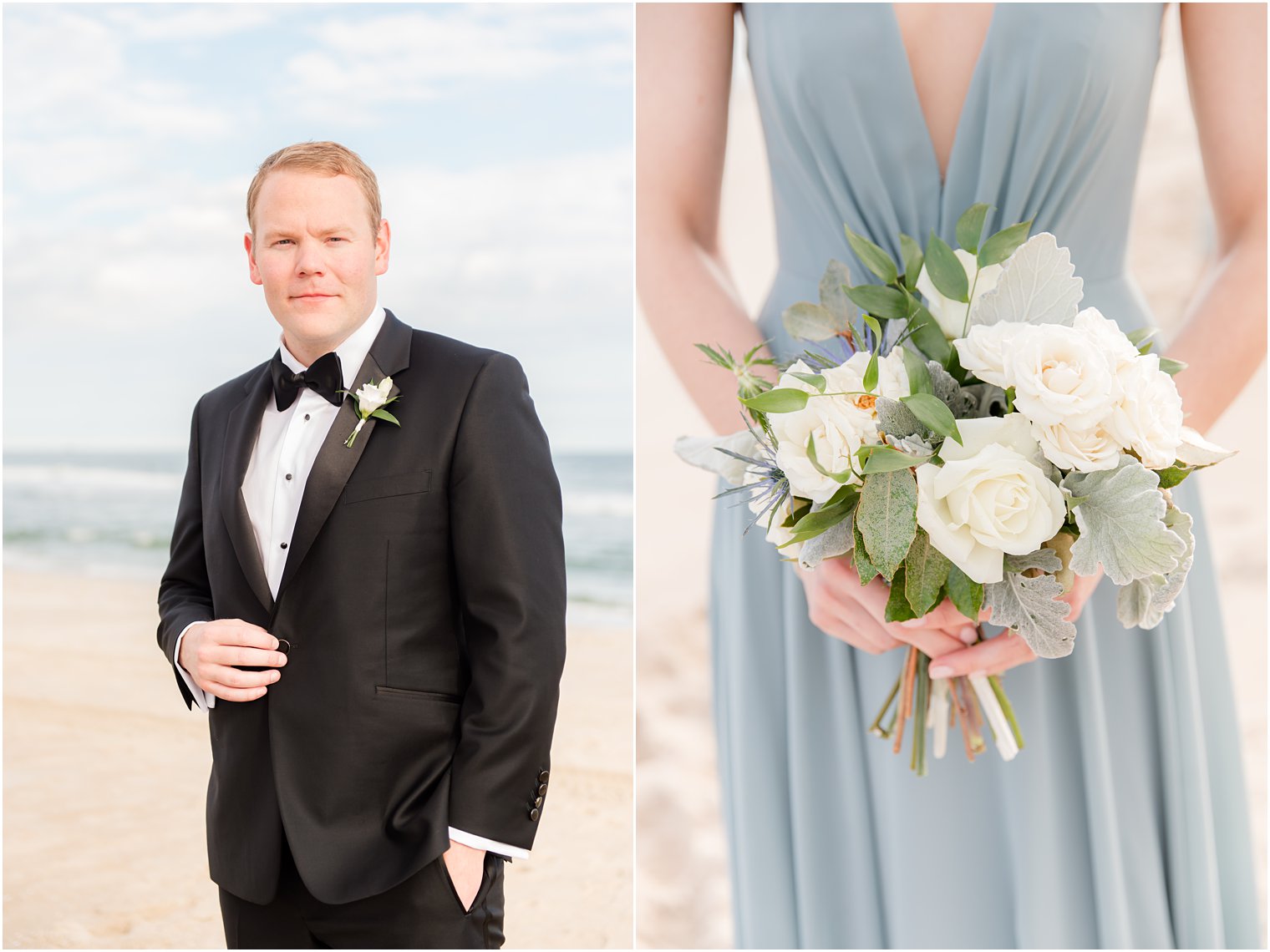 bridesmaid in dusty blue gown holds bouquet of white roses 