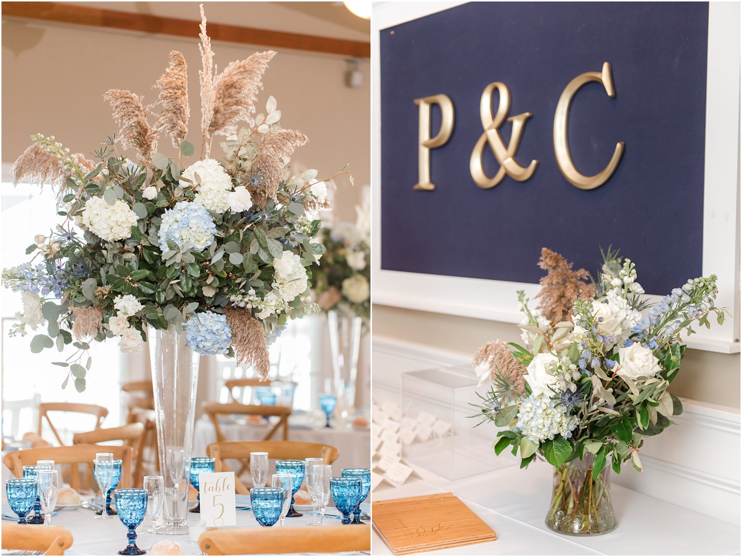 tall floral centerpieces with white and blue flowers at Brant Beach Yacht Club