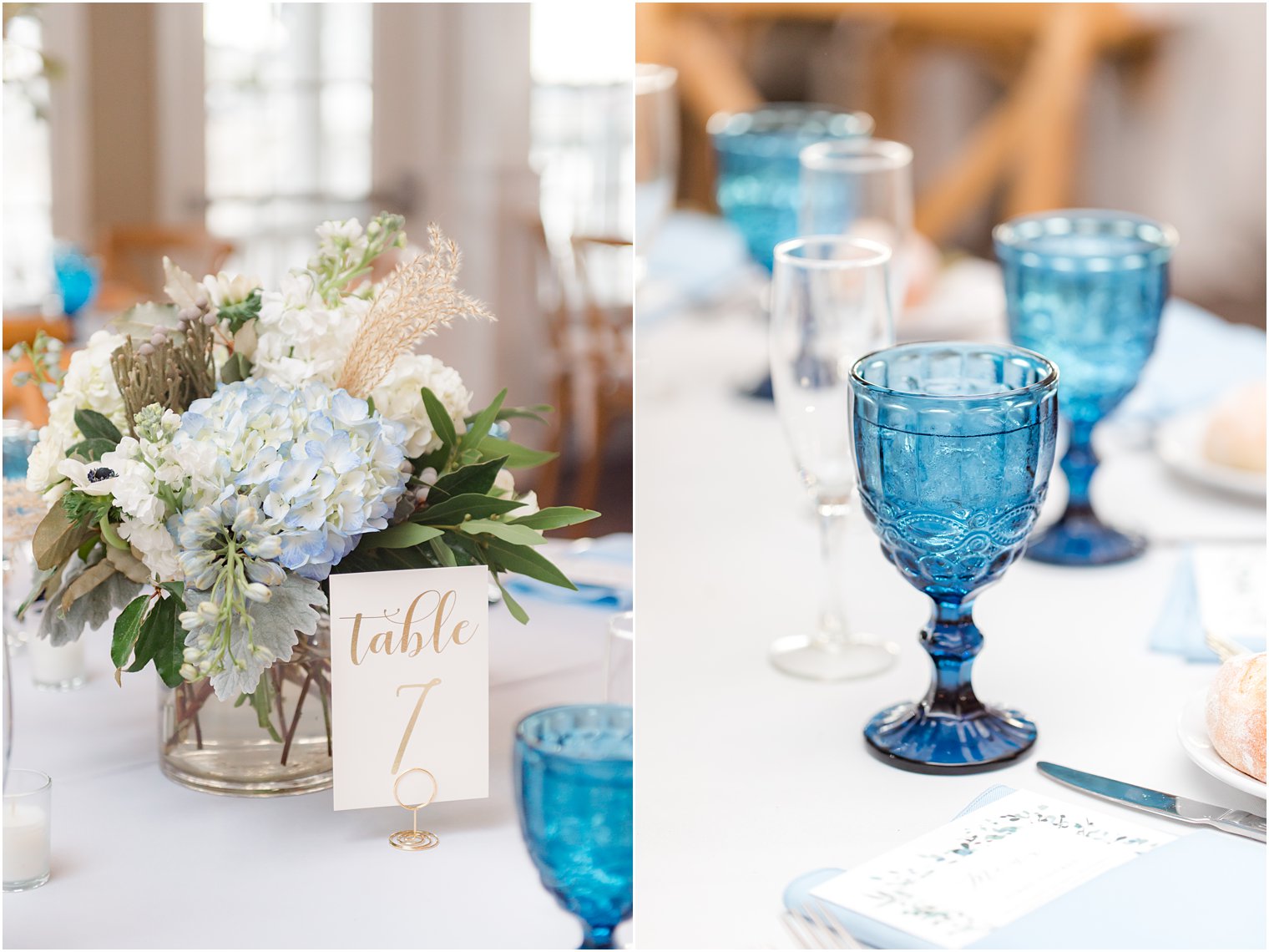 floral centerpiece with light blue and white flowers for Brant Beach Yacht Club wedding reception 