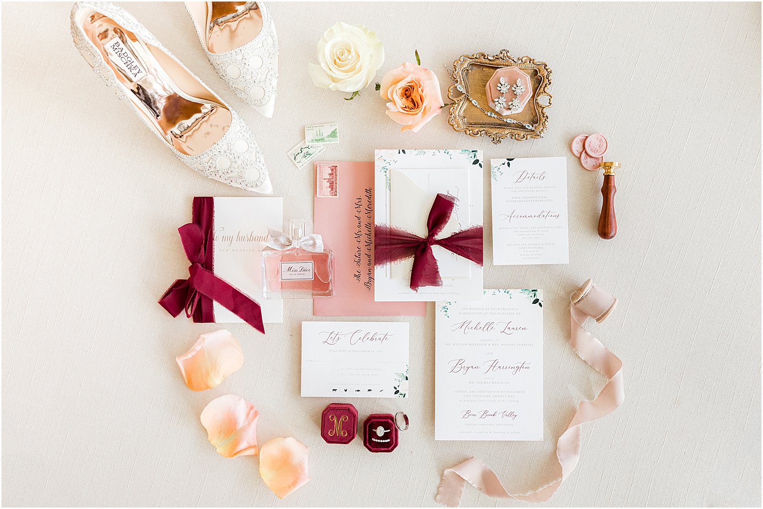 invitation suite with burgundy tie for winter wedding