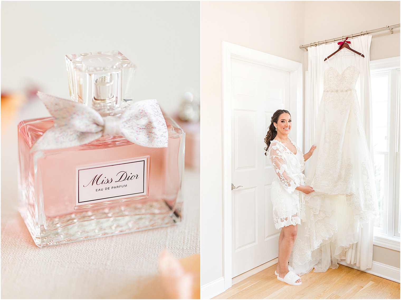 bride looks at wedding gown hanging in bridal suite at Bear Brook Valley