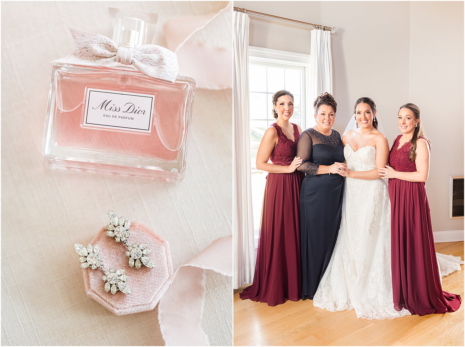 bride prepares for wedding day with mother and sisters