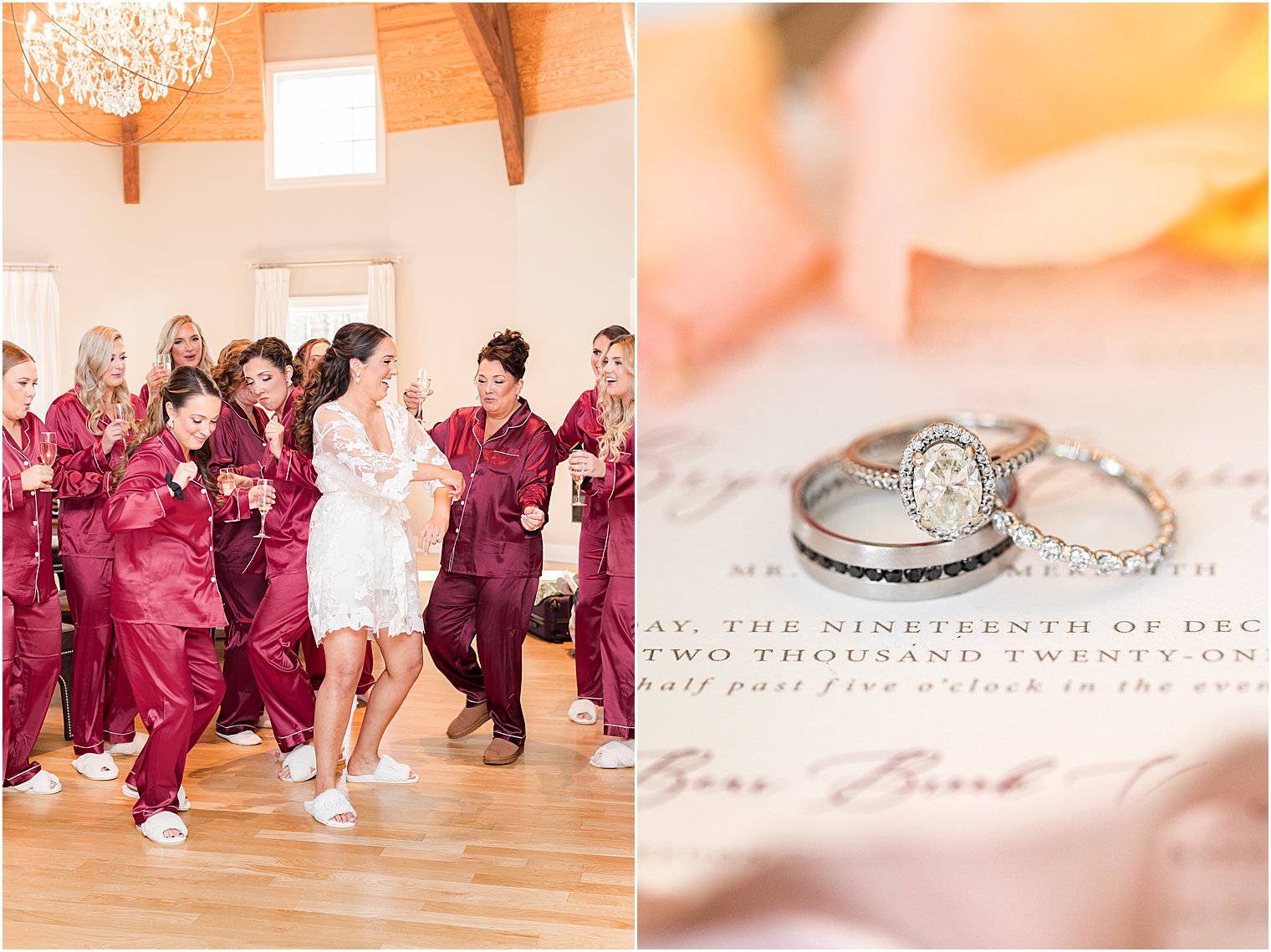 bridesmaids look at bride's ring before NJ wedding