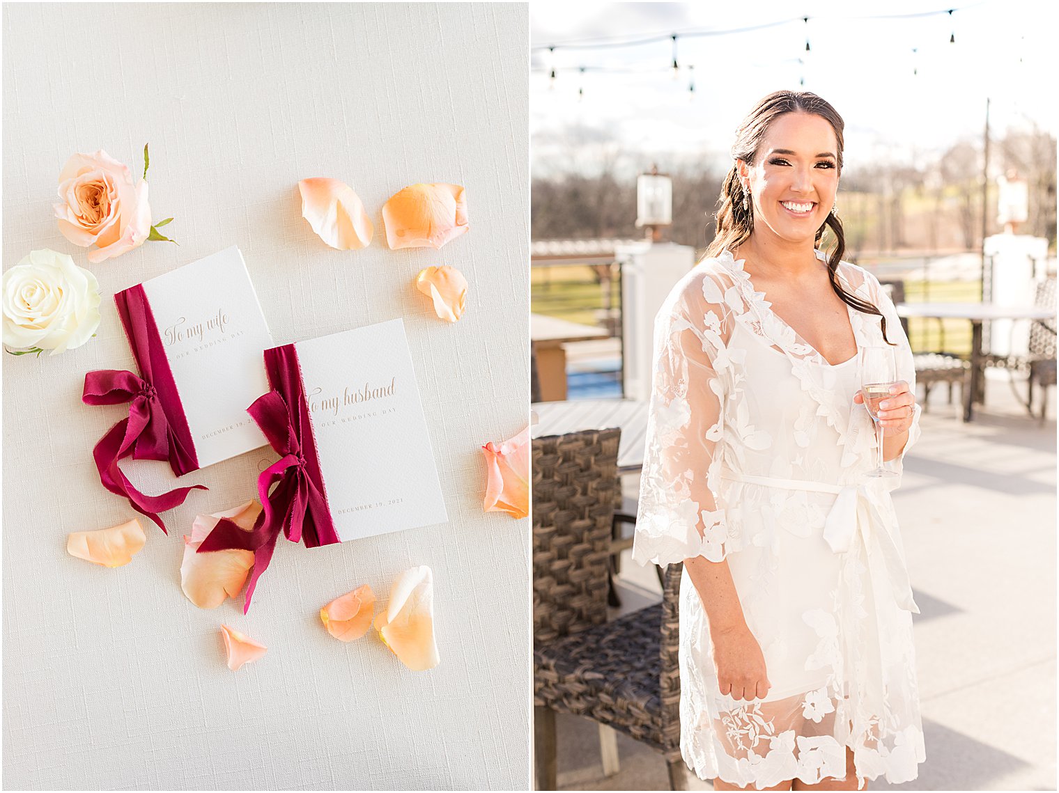 bride prepares for winter wedding in lace robe at Bear Brook Valley