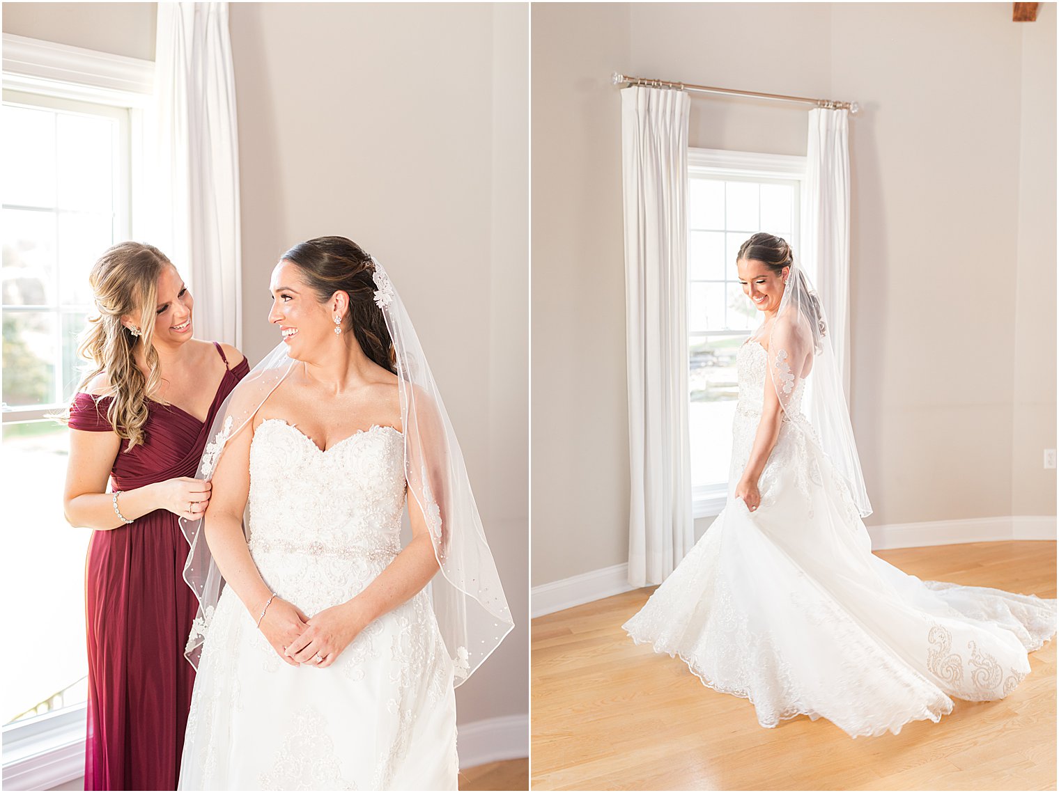 bridesmaid helps bride with veil 