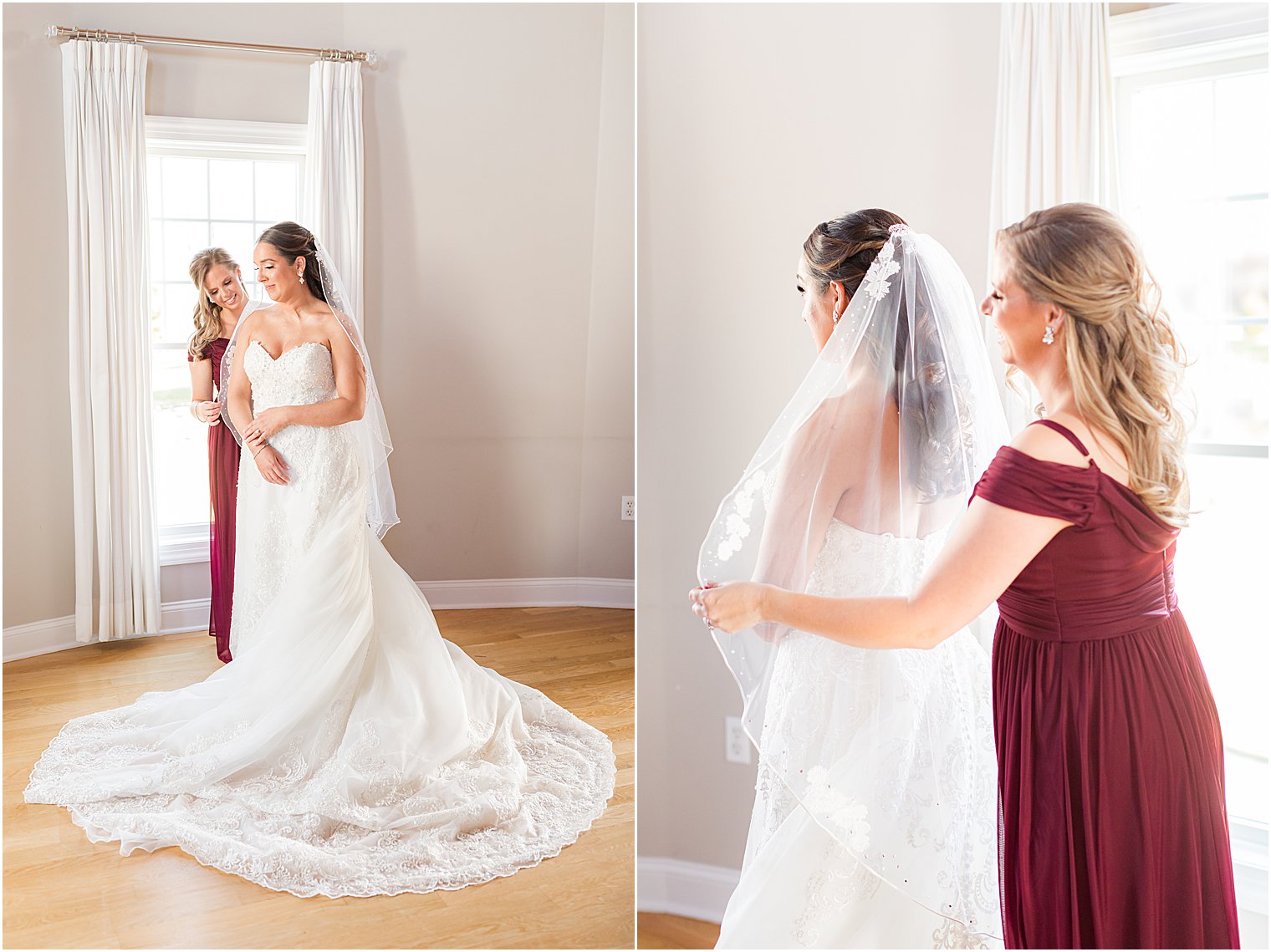 bridesmaid helps bride with veil at Bear Brook Valley