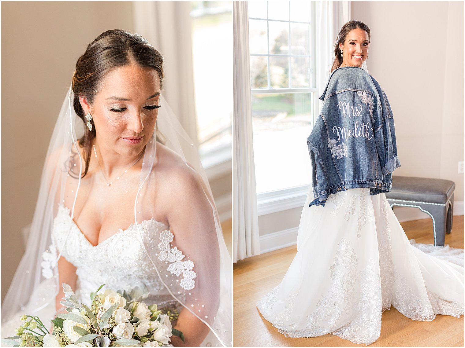 bride shows off custom jean jacket on wedding day