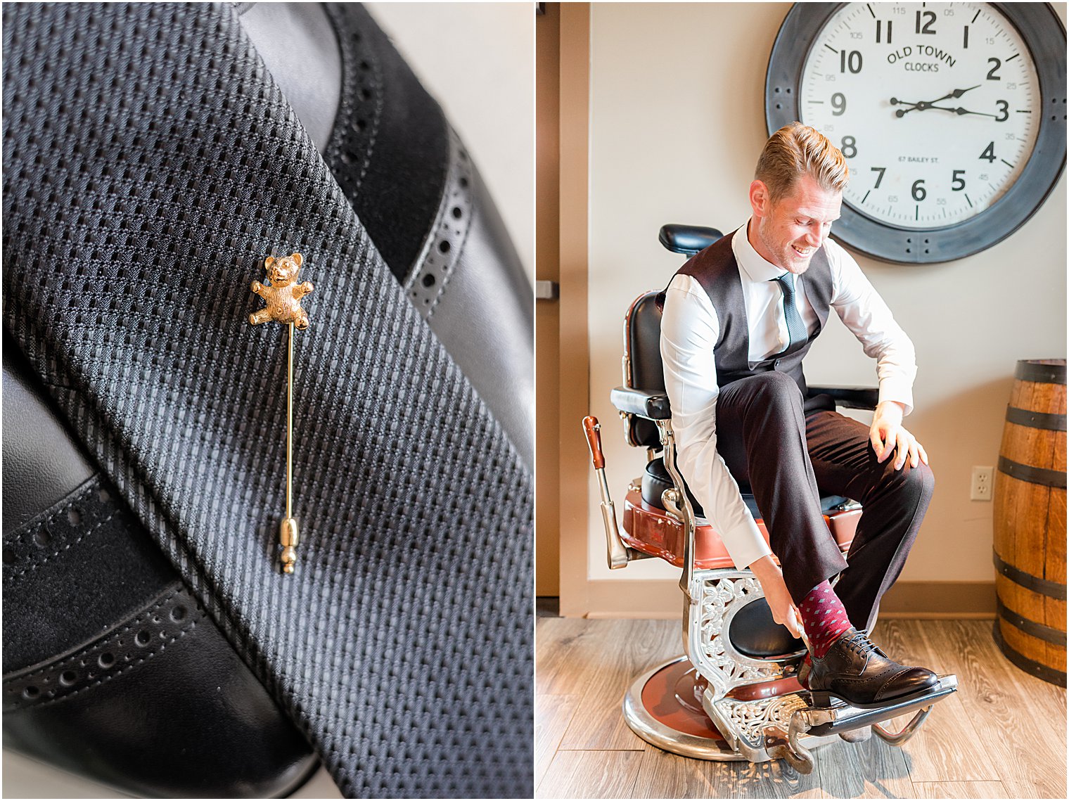 groom puts on shoes in barber seat at Bear Brook Valley