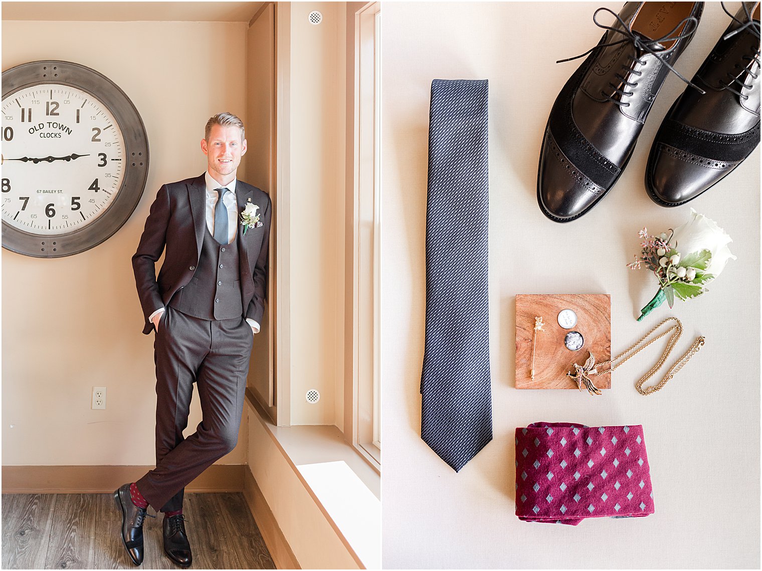 groom leans against window before NJ wedding day