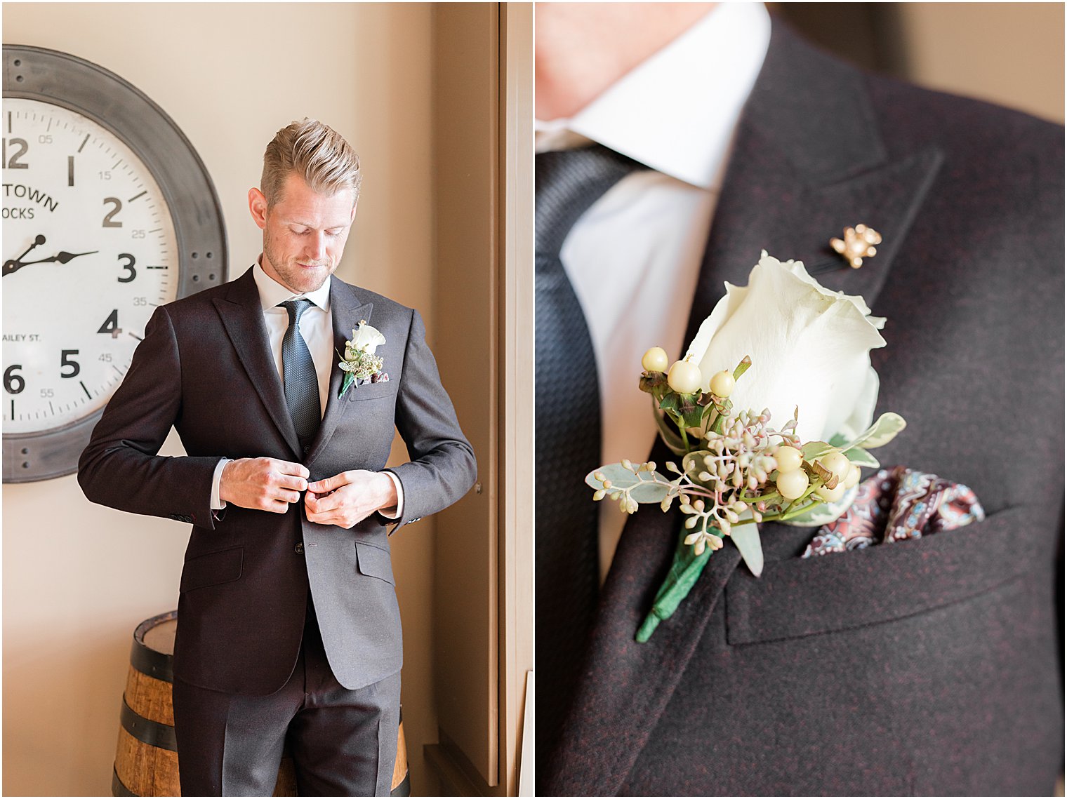 groom buttons up suit jacket with white boutonnière 