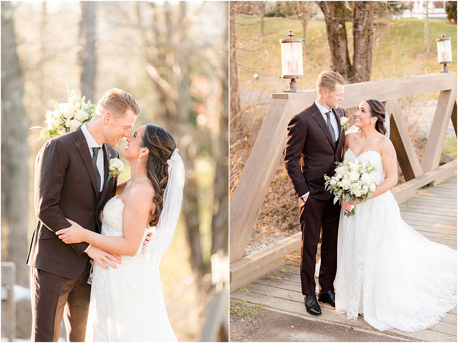 newlyweds kiss on Bear Brook Valley bridge in New Jersey 