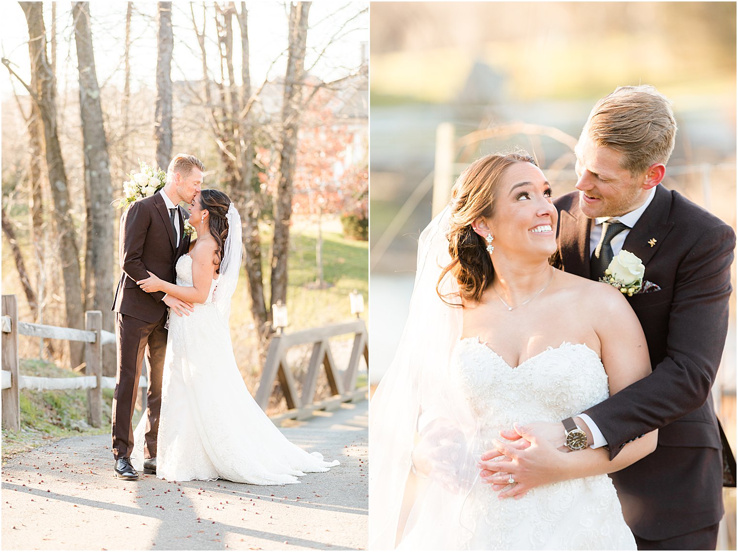 couple hugs on wooden bridge during Bear Brook Valley wedding day