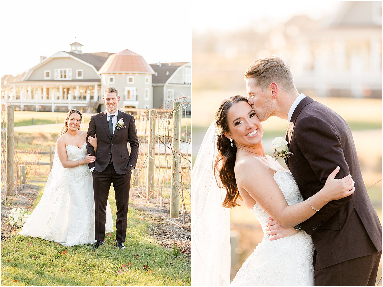 groom leans to kiss bride's forehead during portraits at Bear Brook Valley