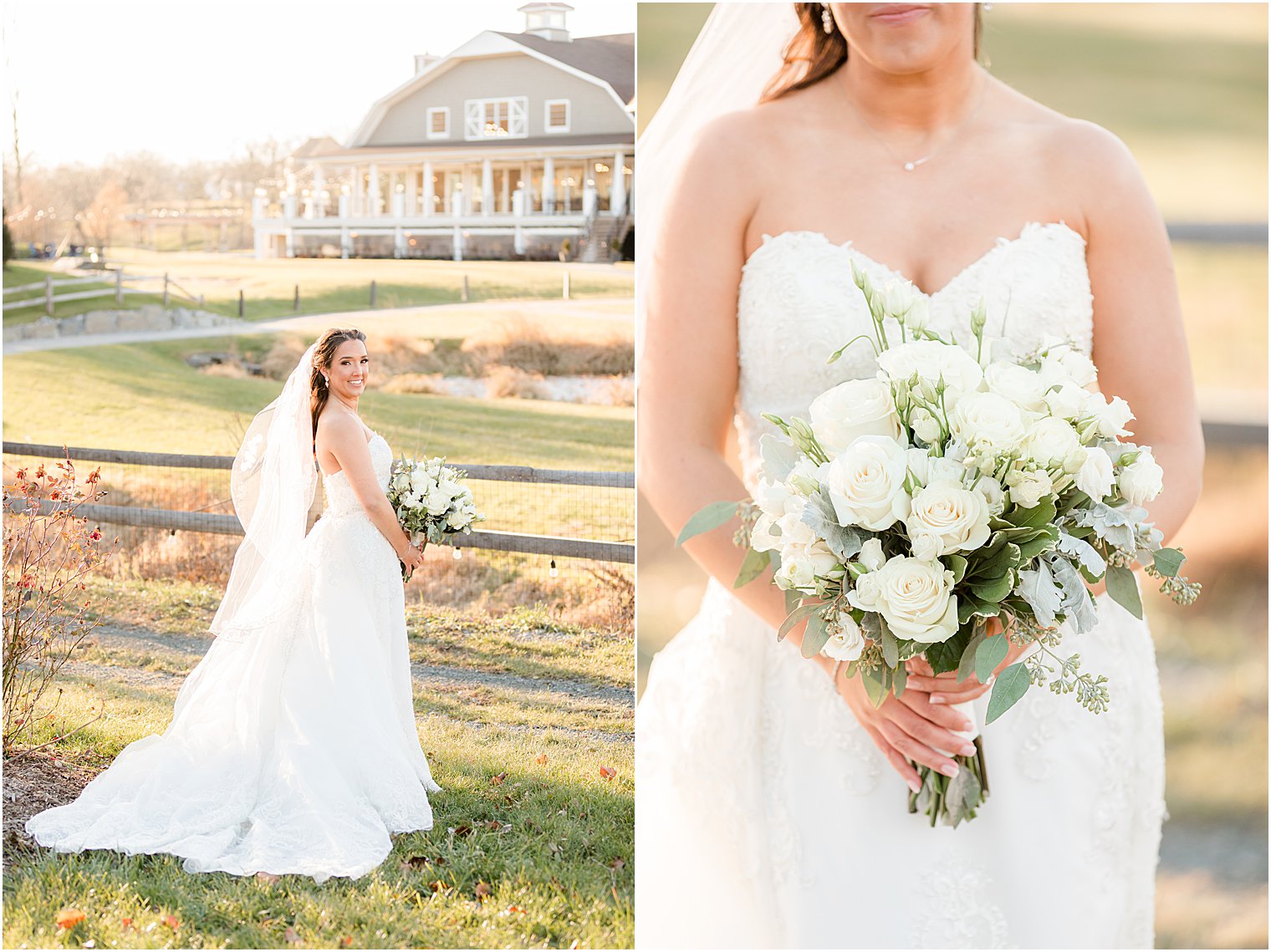 bride holds bouquet of all white flowers at Bear Brook Valley