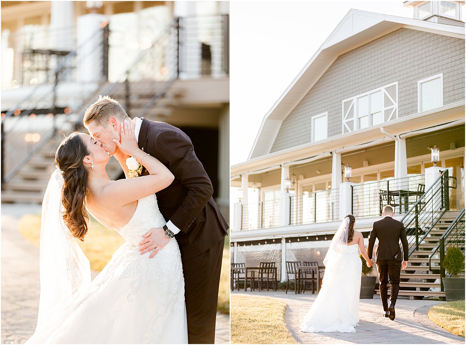 bride and groom kiss during winter wedding photos in New Jersey