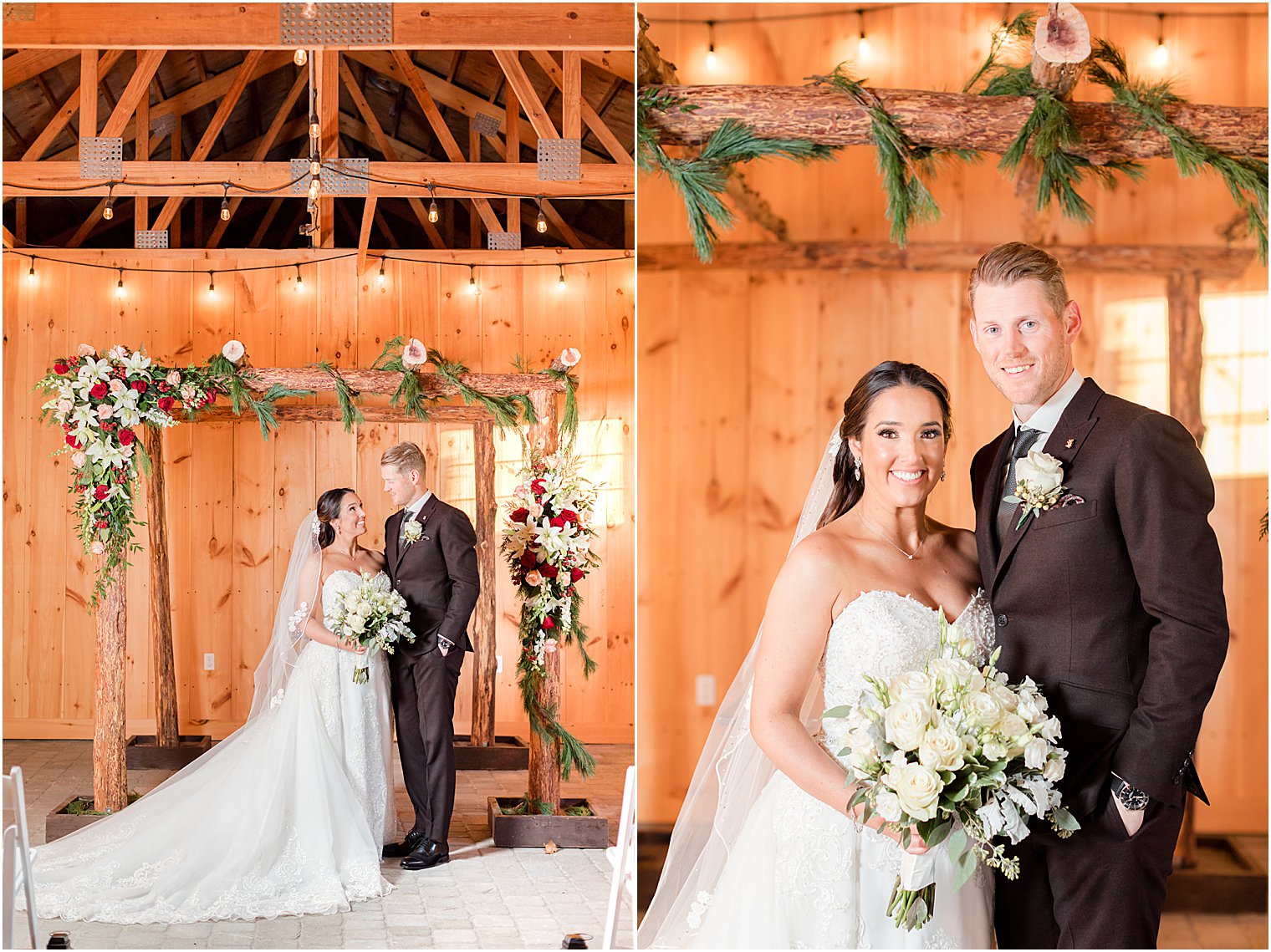 bride and groom stand under floral decorated wooden arbor