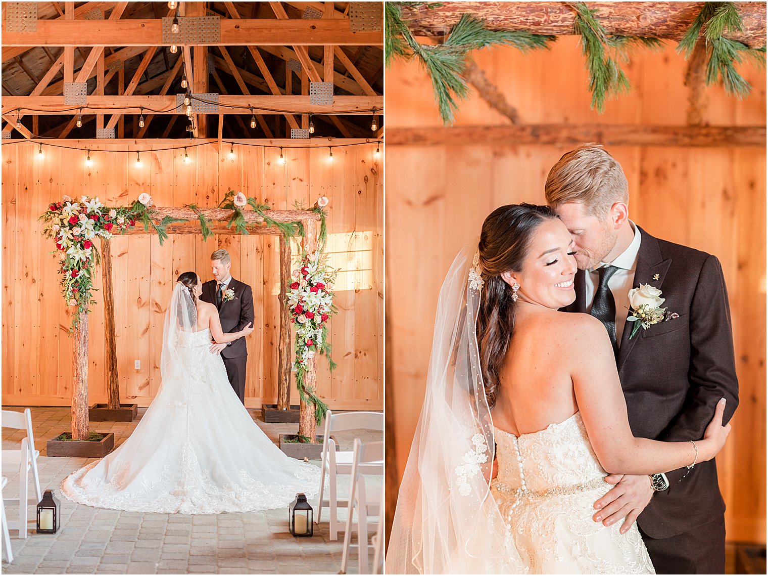 groom kisses bride's cheek during Bear Brook Valley wedding portraits 