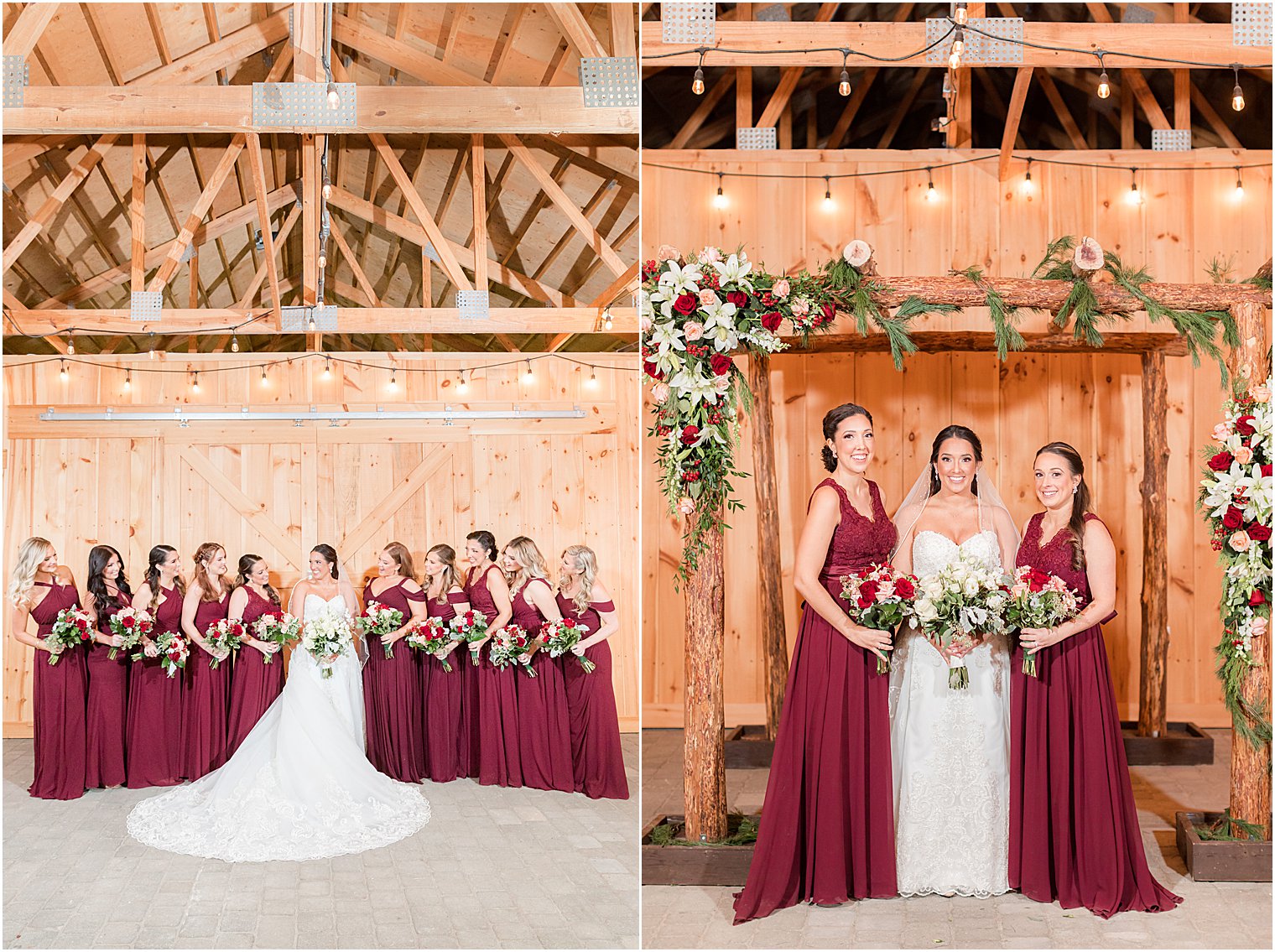 bride and bridesmaids pose under wooden arbor at Bear Brook Valley