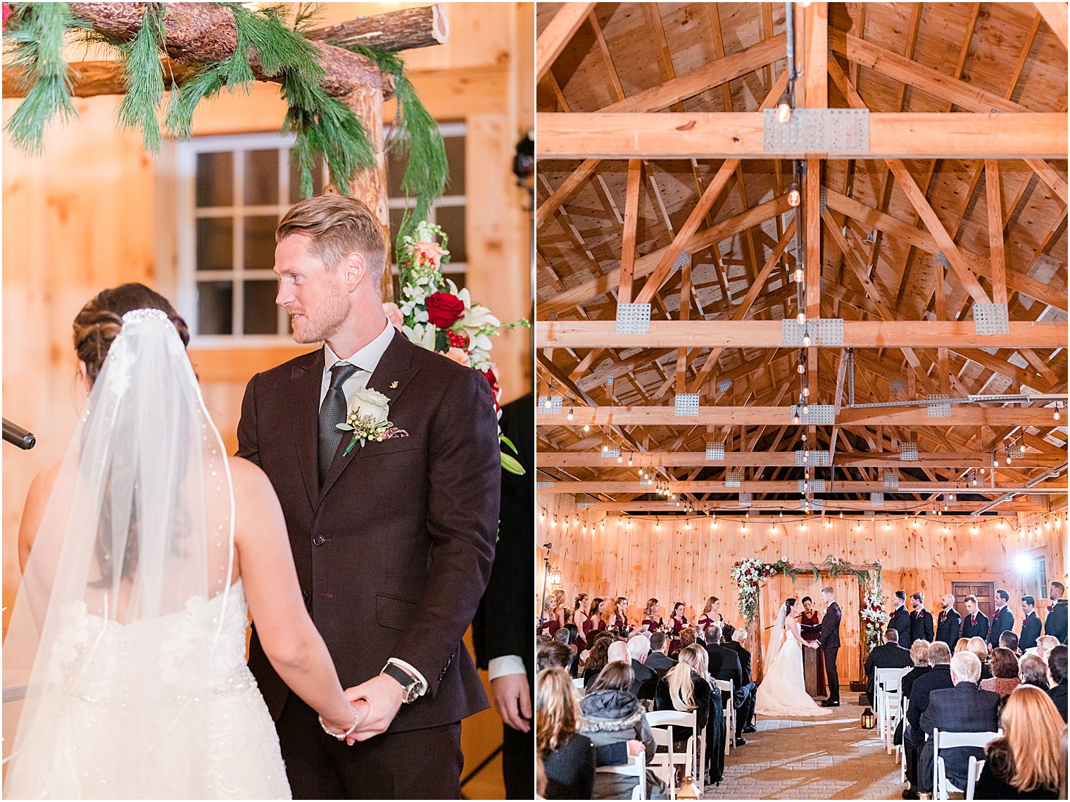 bride and groom hold hands reading vows during wedding ceremony in farmhouse