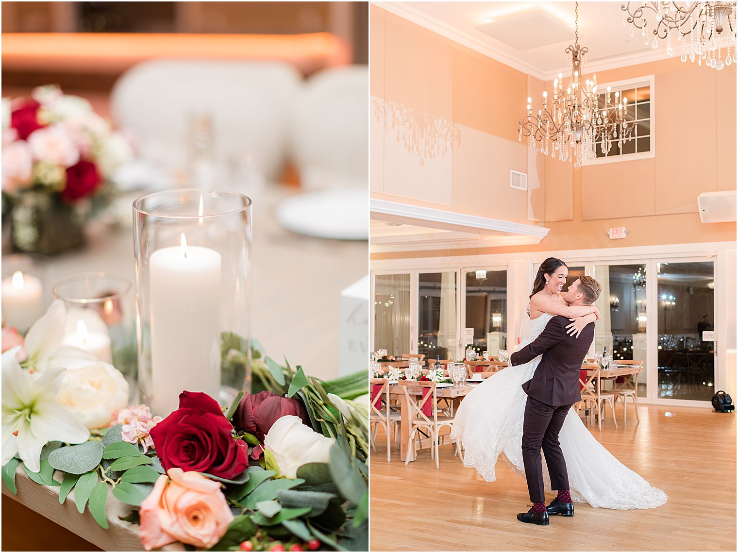 groom lifts bride in reception room at Bear Brook Valley 