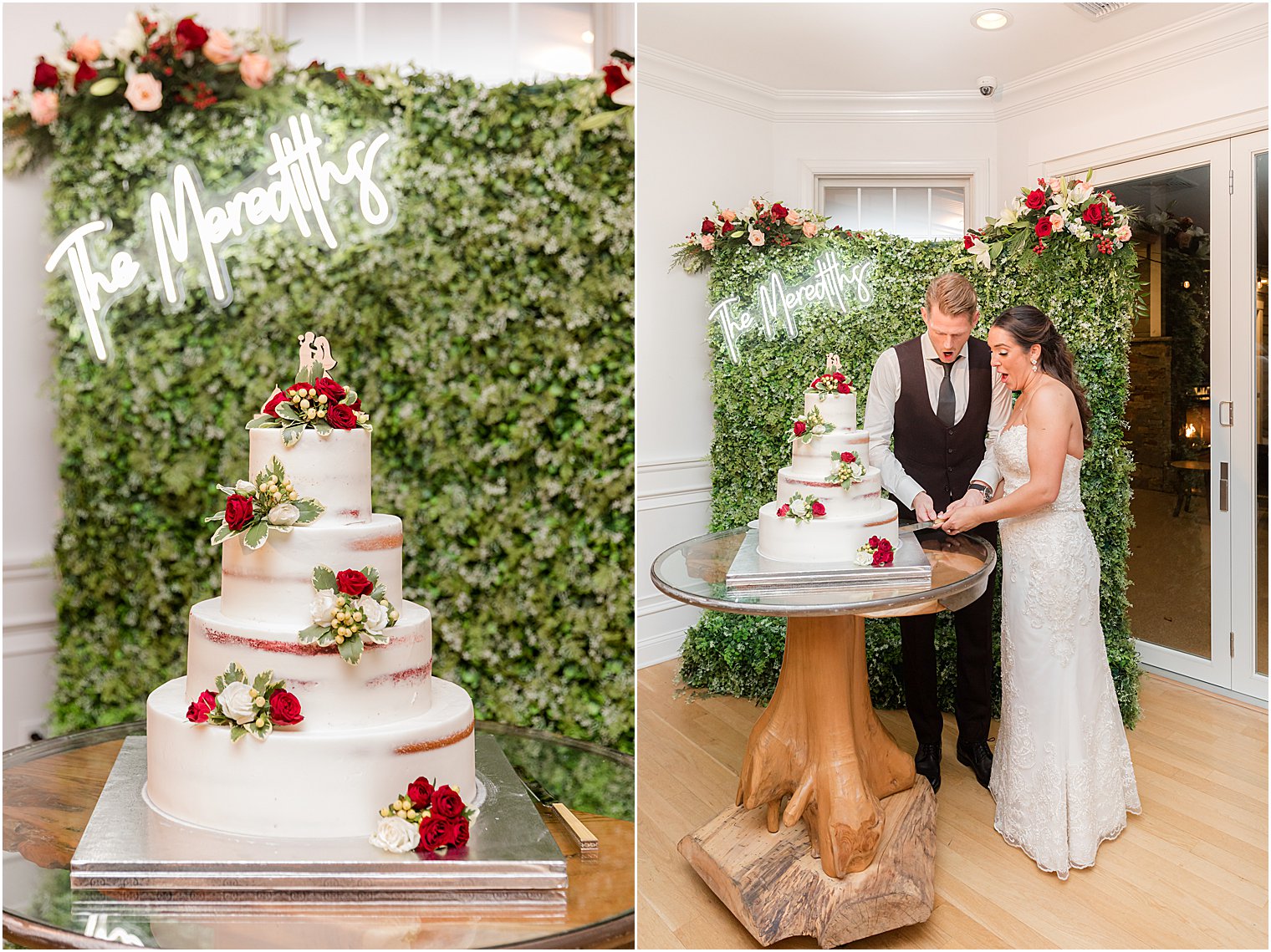 bride and groom cut wedding cake against green wall