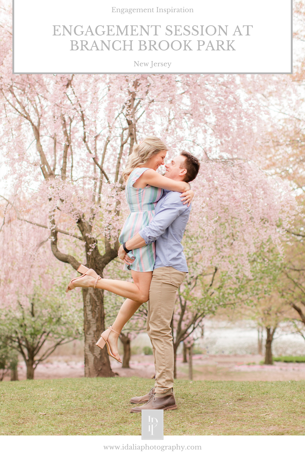 Branch Brook Park Engagement Session in the Spring with cherry blossoms photographed by NJ wedding photographer Idalia Photography