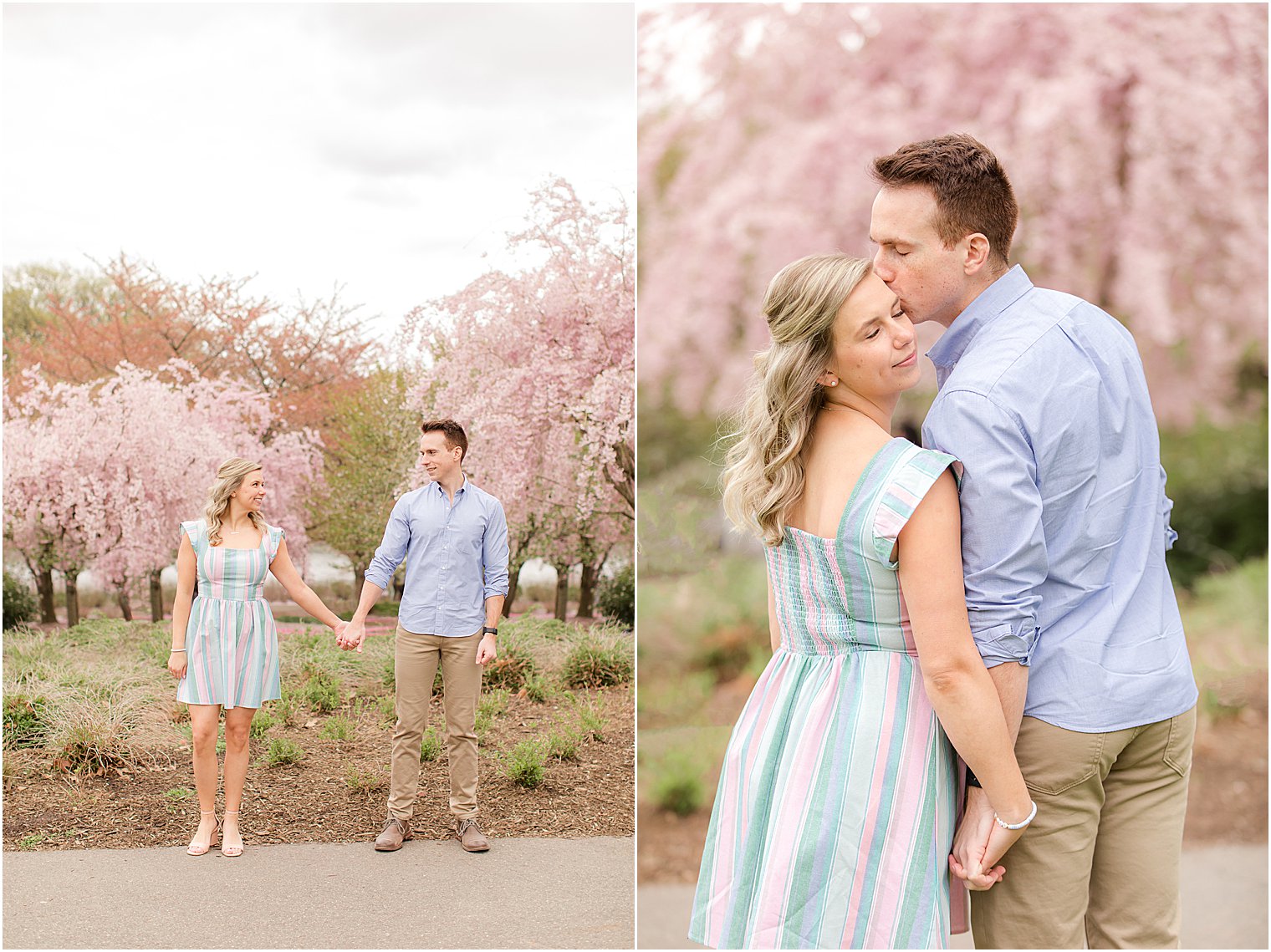 groom leans to kiss bride's forehead during NJ engagement photos