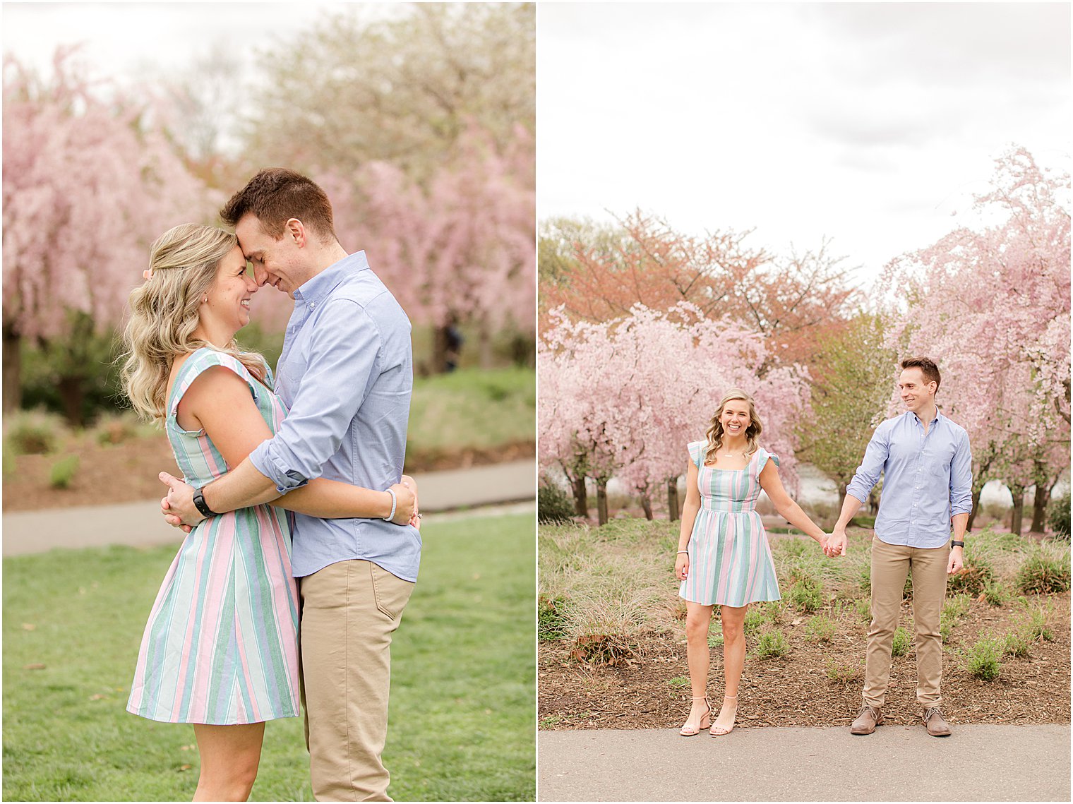 bride and groom hug near cherry blossom trees at Branch Brook Park