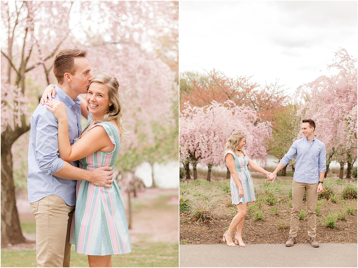 bride and groom walk through Branch Brook Park with cherry blossoms behind them