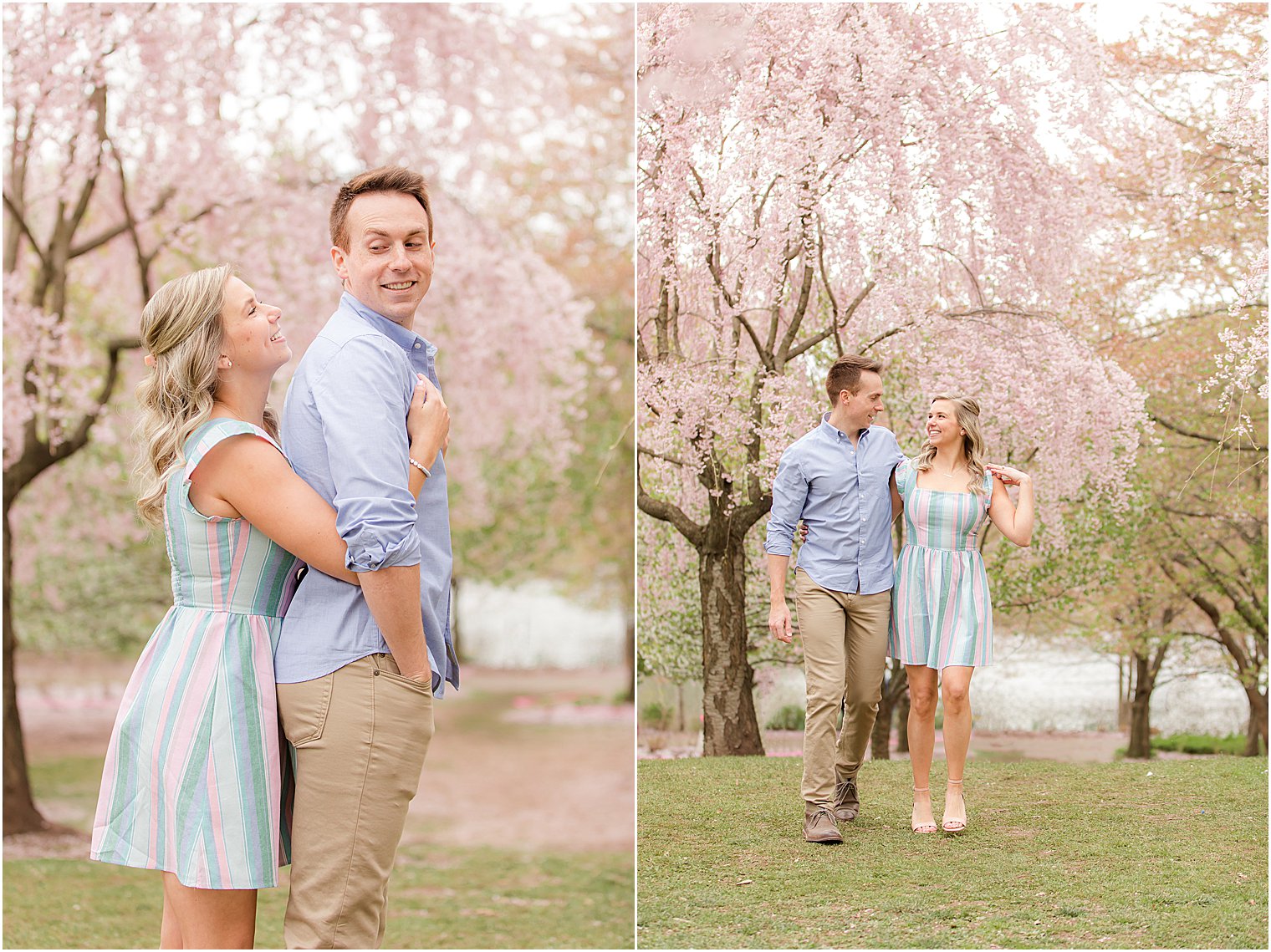 engaged couple poses in NJ park near cherry blossoms